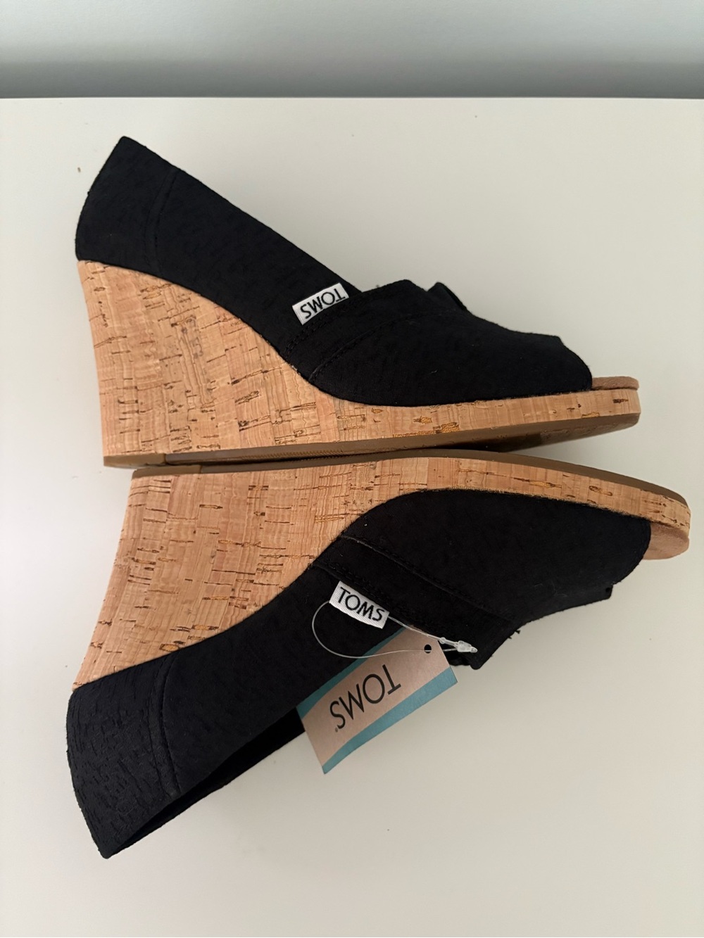 NWT TOMS Black Cork Wedge Peep-Toe Slip-On Heels